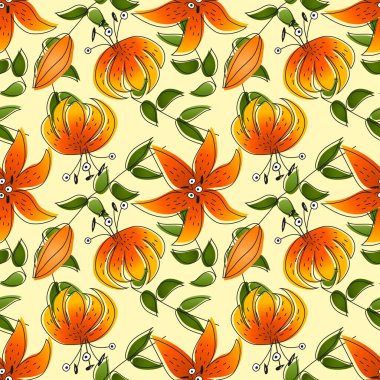 Lilia Tigrnum. Açık sarı arkaplanda zambak deseni olan kusursuz çiçek deseni. Güzel bir çiçeğin parlak stili. Vektör, izole.