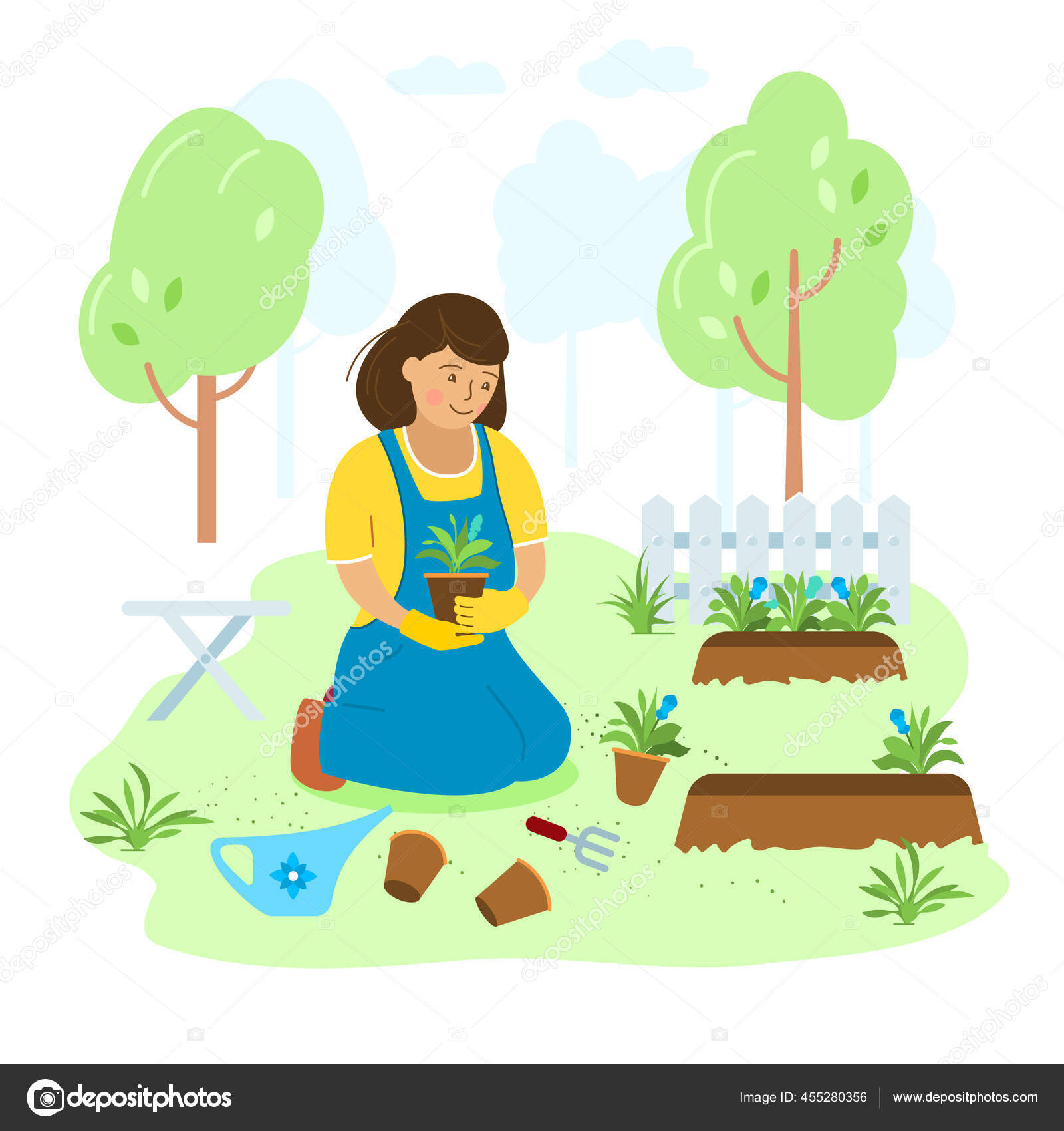 Seorang Wanita Terlibat Dalam Berkebun Menanam Bunga Kebun Vektor Terisolasi Stok Vektor Valo7 455280356