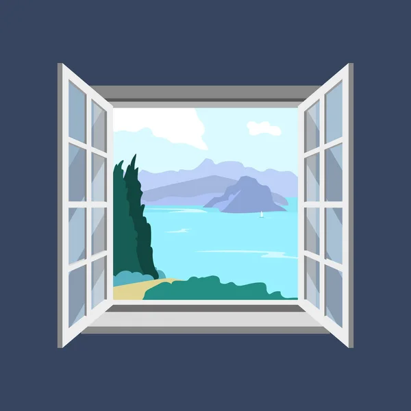 Una Ventana Abierta Con Vistas Paisaje Marino Vector Aislado Sobre — Archivo Imágenes Vectoriales