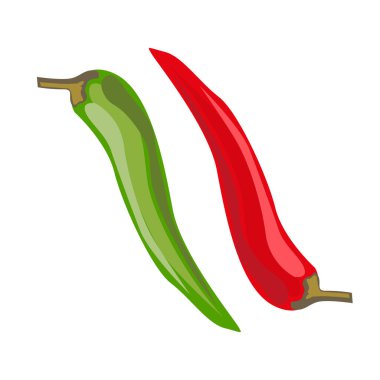 Acı biber, iki kapsül - yeşil ve kırmızı. Beyaz arkaplanda izole edilmiş vektör.