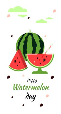 Karpuz günü. Tebrik kartı. Beyaz arkaplanda izole edilmiş vektör çizimleri.