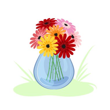 Gerberas. Cam vazoda çiçekler var. Beyaz arkaplanda izole edilmiş vektör.