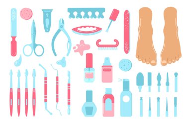 Bir dizi tıbbi pedikür. Podoloji konsepti. Çizgi film tarzı. Beyaz arkaplanda izole edilmiş vektör.