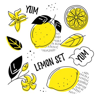 Lemon set. Botanical drawings in the doodle style. Stylish yellow and black color. Vector, isolated, on a white background.