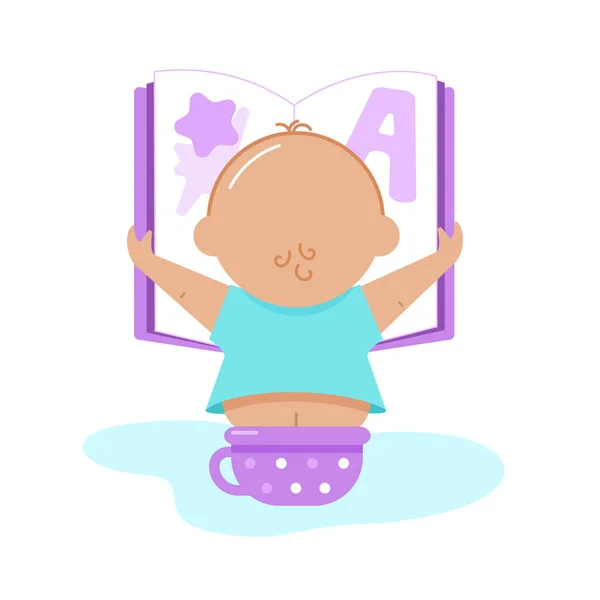 Bebé Lindo Está Sentado Orinal Leyendo Libro Grande Ilustración Vectorial — Vector de stock