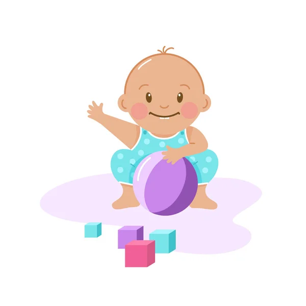 ボールで遊んでいるスライダーでかわいい幼児 平らな漫画のスタイルでベクトル 白い背景に隔離された — ストックベクタ