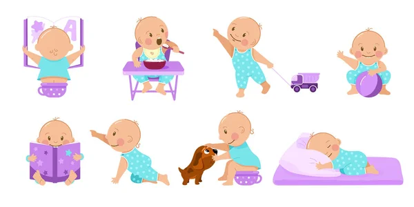 Situations Lovely Baby Sitting Pot Eating Porridge Reading Book Playing — Stock Vector