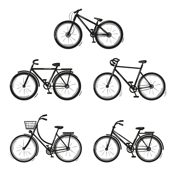 Bicicletas Conjunto Tipos Diferentes Vetor Isolado Preto Sobre Fundo Branco — Vetor de Stock