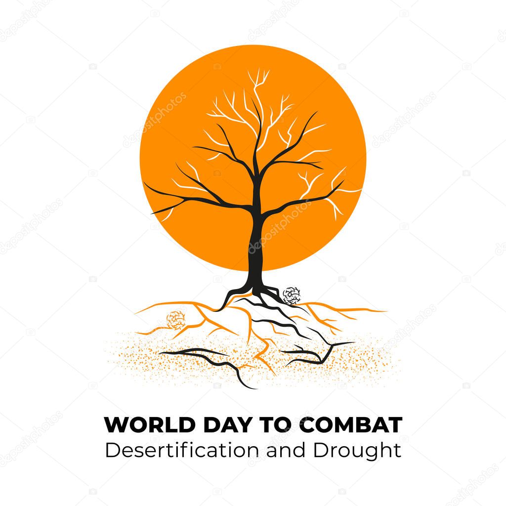 World Day to Combat Desertification and Drought. A dead tree in the desert and a tumbleweed. Vector, isolated. Suitable for banner, poster, card.