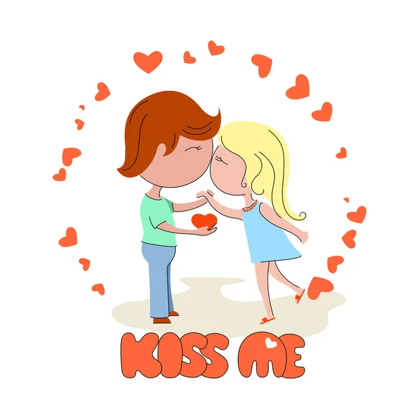 Embrasse Moi Garçon Une Fille Embrassent Garçon Cœur Dans Ses — Image vectorielle