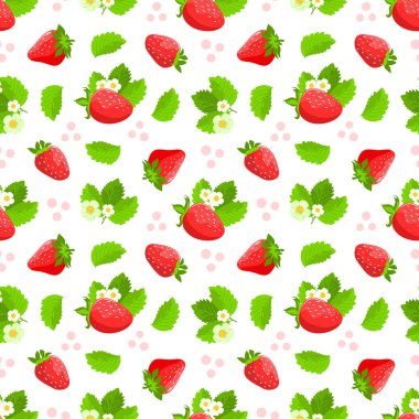 Çilekli. Parlak, kusursuz bir yaz dönemi. Kumaş, kağıt, duvar kağıdı, hediye kağıdı ve daha fazlası için mükemmel. Beyaz arkaplanda izole edilmiş vektör.