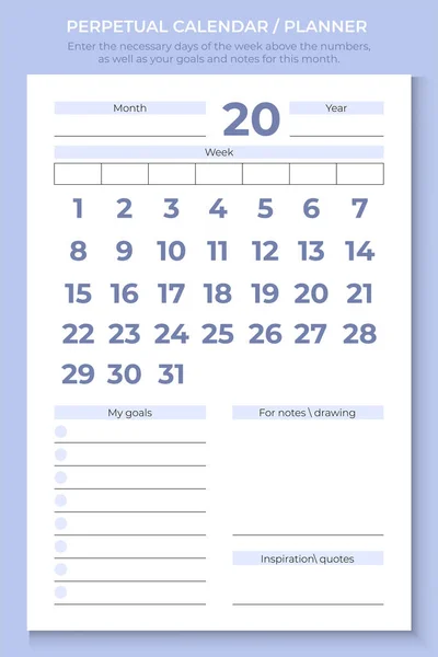 Ewiger Kalenderplaner Geben Sie Über Den Zahlen Die Erforderlichen Wochentage — Stockvektor