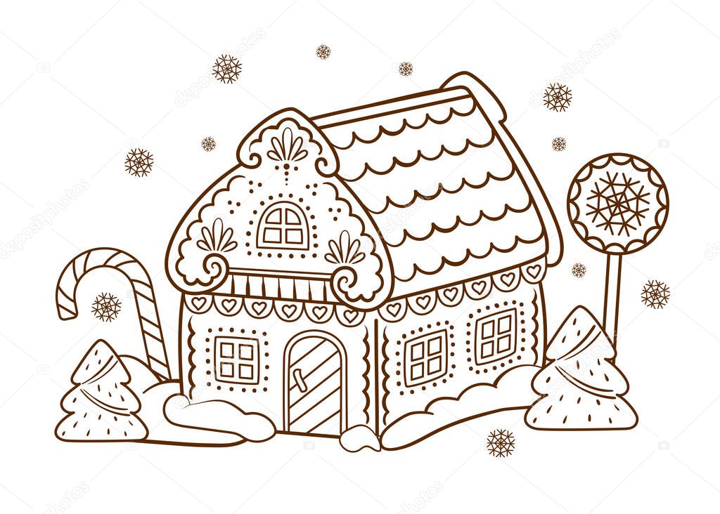 Gingerbread house. Christmas sweetness. A picture for coloring.