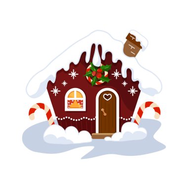 Noel zencefilli kurabiye evi. Güzel ve büyüleyici küçük bir ev. Beyaz arkaplanda izole edilmiş vektör.
