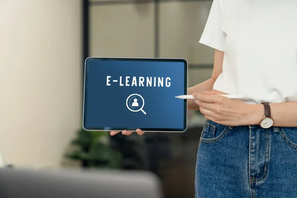 Webinar Online Courses concept, woman holding tablet with show screen e-learning.