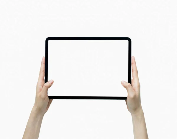 Close Van Handgreep Zwarte Tablet Geïsoleerd Witte Achtergrond — Stockfoto