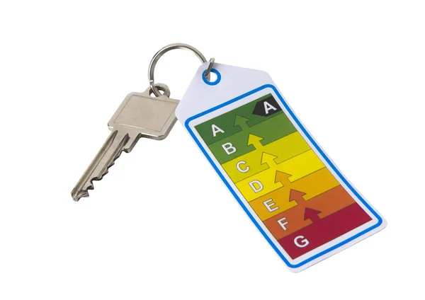 Domů klíč s energetickém štítku na bílém pozadí Royalty Free Stock Fotografie
