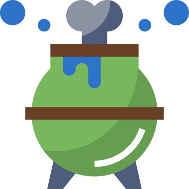 Beyaz arka planda zehir iksiri olan cadılar bayramı kazanı. Sihirli kaynama ve kaynayan tencerenin ikon görüntüsü. Düz çizgi film biçimi vektör çizimi.