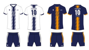 Kısa kollu, v yakalı ve eşleşen şort konsept vektör şablonlu spor tişörtü tasarımı, futbol, kriket, voleybol, rugby ve bisiklet forması için ön ve arka görüşlü spor malzemelerini modelle