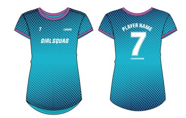 Bayanlar spor tişörtü Jersey Illustrator Vector şablonu kızlar ve kadınlar için uygun futbol, futbol, kriket, voleybol, rugby ve bisiklet forması için ön ve arka görüşlü üniforma takımı