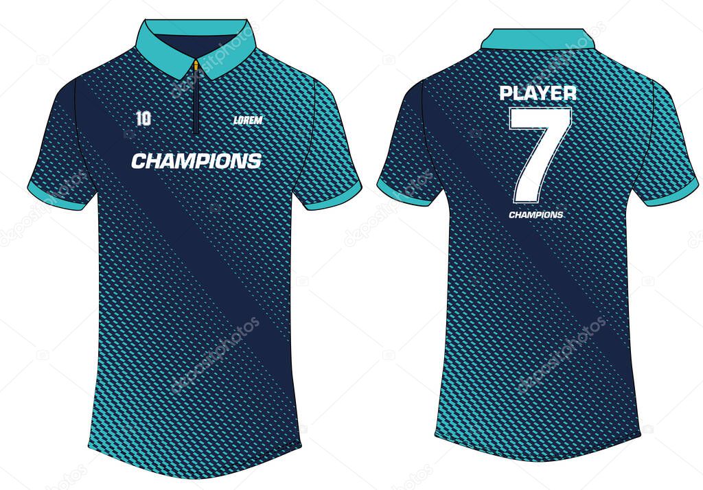 Sports Polo t-shirt jersey design template with short sleeve and polo collar, mock up uniform kit with front and back view for football, soccer, cricket, volleyball, rugby and cycling jersey