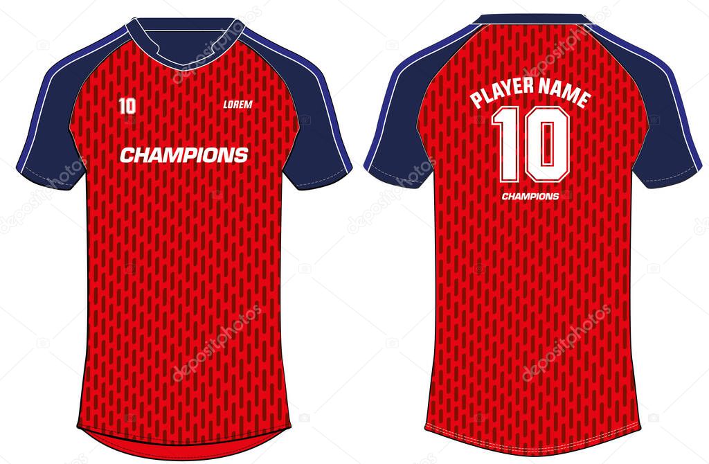 Sports T Shirt Jersey Design With Raglan Short Sleeve And V Neck Concept Vector Template Mock Up Sports Kit With Front And Back View For Football Soccer Cricket Volleyball Rugby And Cycling Jersey