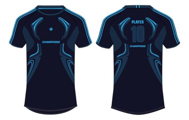 Futbol, kriket, futbol, voleybol, rugby, tenis, badminton ve e-spor forması için ön ve arka görüşlü spor forması tasarım konsepti..