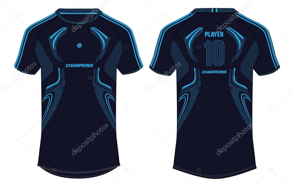 Sports t-shirt jersey design concept vector template, sports jersey concept with front and back view for Soccer, Cricket, Football, Volleyball, Rugby, tennis, badminton and e-sports uniform.