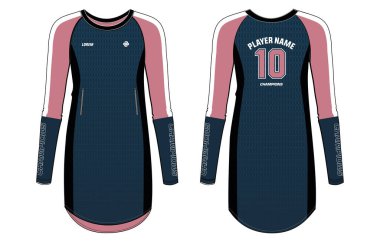 Uzun etekli kadın tişörtü spor forması tasarımı, Müslüman Kadın Spor Tişörtü tişörtü tasarım konsepti kızlar için Vector içinde illüstrasyon netbol, voleybol, badminton forması. İslami Spor Giyim Üniforması