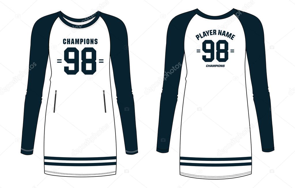 Oversize long hem T-shirt women sports jersey design, Muslim Women Sports Tunic top t-shirt Jersey design concept Illustration in Vector suitable for girls and Ladies for netball, Football, Volleyball, badminton jersey. Islamic Sportswear uniform kit