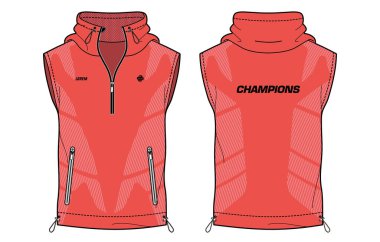 Kolsuz Kapüşonlu Tişörtlü Ceket, Sweatshirt tişört tasarım şablonu, Erkekler ve kadınlar için ön ve arka görüşlü spor forması konsepti. Basketbol, futbol, rugby, antrenman kıyafeti..