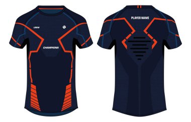 Futbol, kriket, futbol, voleybol, rugby, tenis, badminton ve e-spor forması için ön ve arka görüşlü spor forması tasarım konsepti..