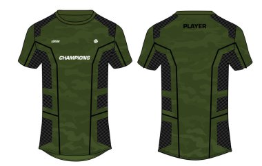 Kamuflaj Spor tişörtü konsept forma tasarım vektör şablonu, Soccer, Cricket, Football, Voleyball, Rugby, tenis, badminton ve e-spor üniforması için ön ve arka görüşlü spor forması konsepti