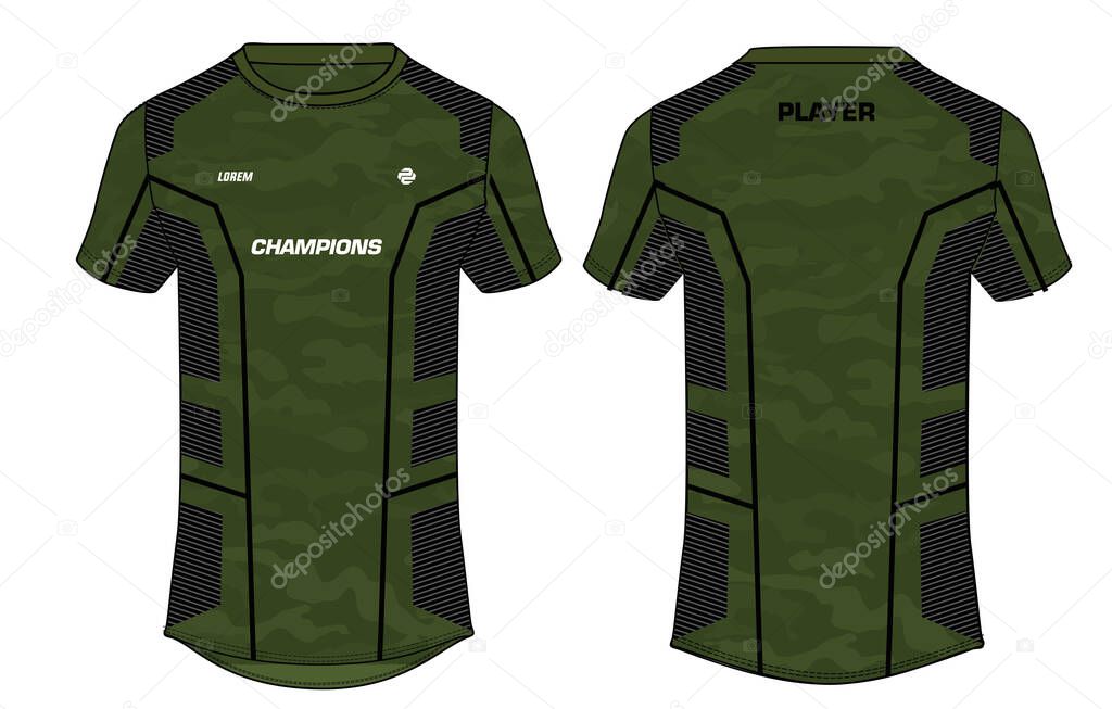 camouflage Sports t-shirt jersey design concept vector template, sports jersey concept with front and back view for Soccer, Cricket, Football, Volleyball, Rugby, tennis, badminton and e-sports uniform