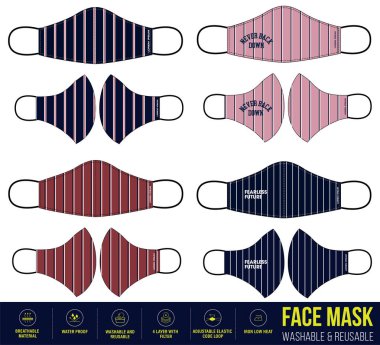 Çizgili çizgi, tıbbi yüz maskesi tasarımı, dijital baskı ve kumaş özellikli yeniden kullanılabilir yüz maskesi tasarımı, tıbbi yüz maskesi, modaya uygun tıbbi yüz maskesi tasarımı.