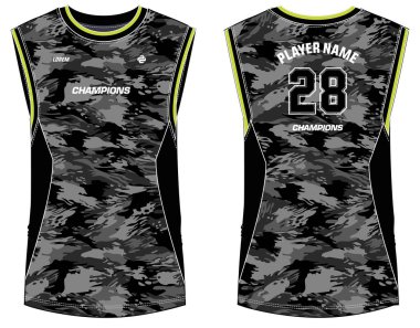 Kamuflajsız Kolsuz Tank Top Basketbol forması tişört şablonu, erkek ve kadınlar için ön ve arka görüşlü spor forması konsepti. Basketbol, voleybol forması, tenis ve badminton