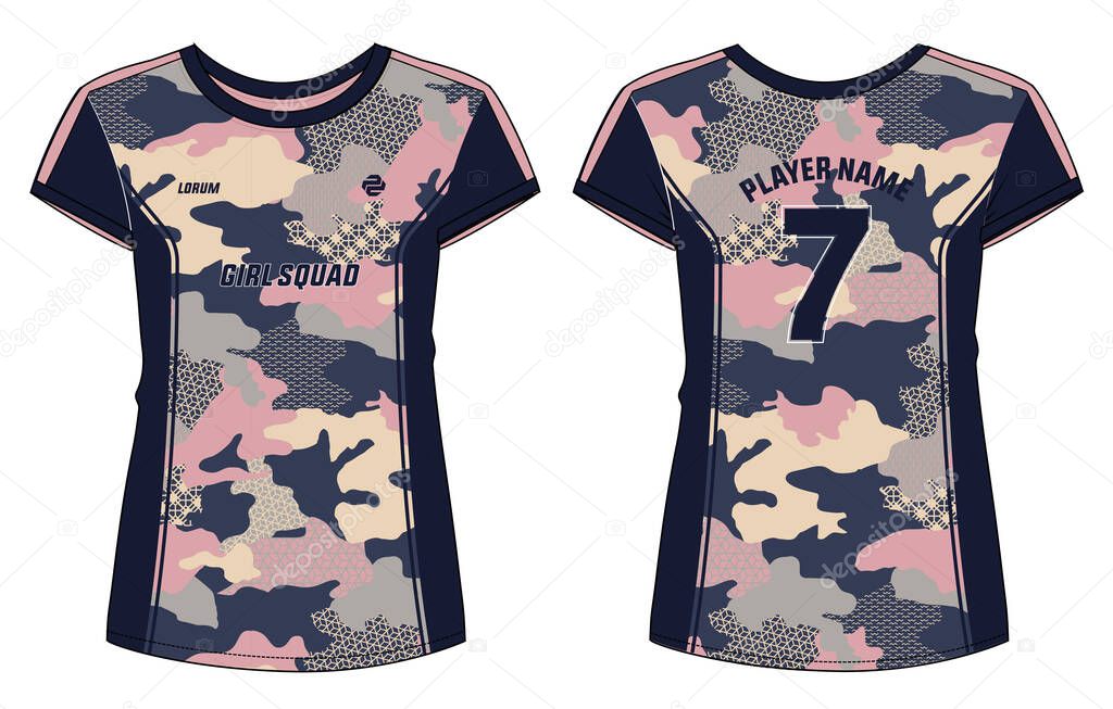 Camouflage Women Sports t-shirt Jersey design concept Illustration Vector suitable for girls and Ladies for badminton, Soccer, netball, Football, tennis, Volleyball jersey.