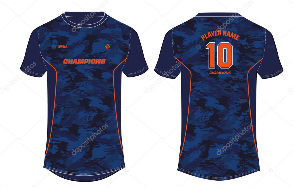 Camouflage Sports t-shirt jersey design concept vector template, sports jersey concept with front and back view for Soccer, Cricket, Football, Volleyball, Rugby, tennis, badminton and e-sports uniform