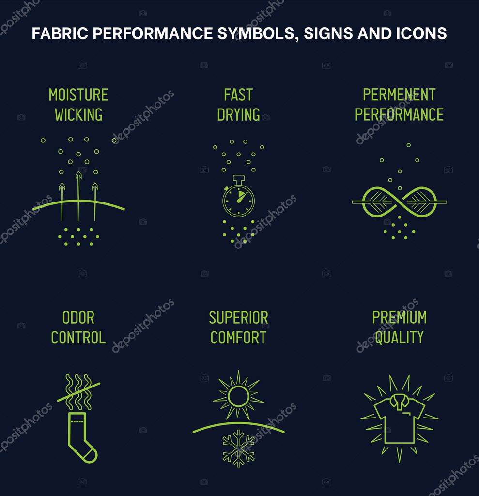 Sportswear Product and fabric feature icons, Active wear Performance icons and symbols for Sportswear products and garments, Fabric properties and textile  special feature signs and symbols icon set.