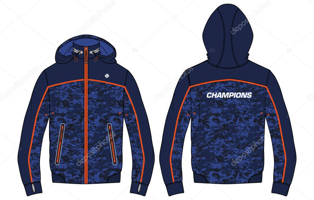 Camouflage Long sleeve sports Hoodie jacket design template in vector, Hooded jacket with front and back view, hoodie winter jacket for Men and women. for training, Running and workout in winter.