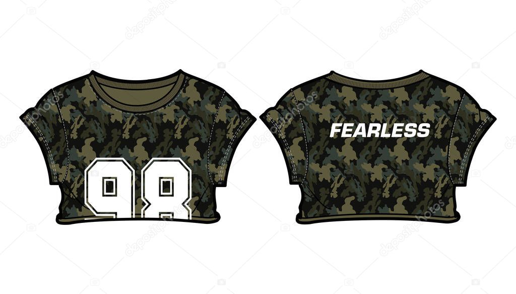 Camouflage Women crop top  t-shirt Jersey design concept Illustration Vector, Fashionable Casual wear Short sleeve crop top suitable for girls and Ladies for training uniform kit for sports activity.