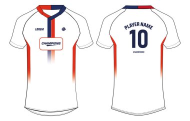 Spor forması tasarımı konsept vektör şablonu, futbol, kriket, voleybol, rugby, tenis ve badminton forması için ön ve arka görüşlü futbol forması konsepti