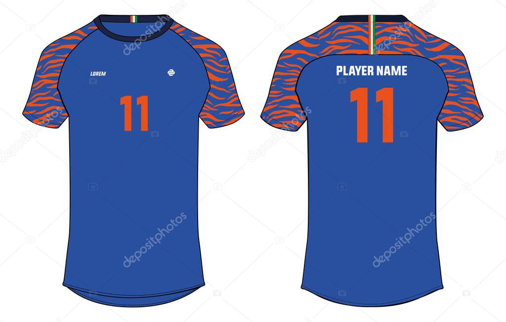 Sports jersey t shirt design concept vector template, India football jersey concept with front and back view for Cricket, soccer, Volleyball, Rugby, tennis and badminton uniform