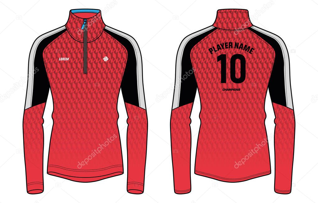 Long sleeve Compression t shirt design, Sports jersey design vector template, Active wear compression top concept with front and back view for Cricket, Football, Volleyball, Rugby uniform designs
