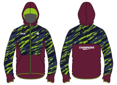 Uzun kollu kamuflaj kapüşonu tasarım şablonu vektör, ön ve arka görüşlü kapüşonlu ceket, erkekler ve kadınlar için kapüşonlu kışlık ceket. Kışın antrenman, koşu ve antrenman için.