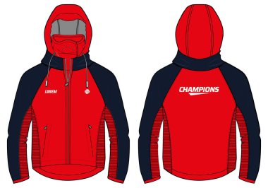 Uzun kollu kapüşonlu ceket tasarım şablonu, ön ve arka görüşlü kapüşonlu bombacı ceketi, erkek ve kadınlar için kapüşonlu kışlık ceket. Kışın antrenman, koşu ve antrenman için.