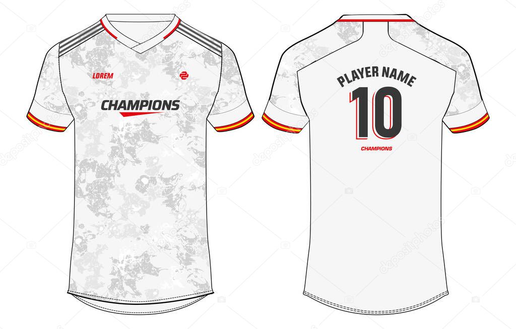 Sports jersey t shirt design concept vector template, Spain football jersey concept with front and back view for Cricket, soccer, Volleyball, Rugby, tennis and badminton uniform