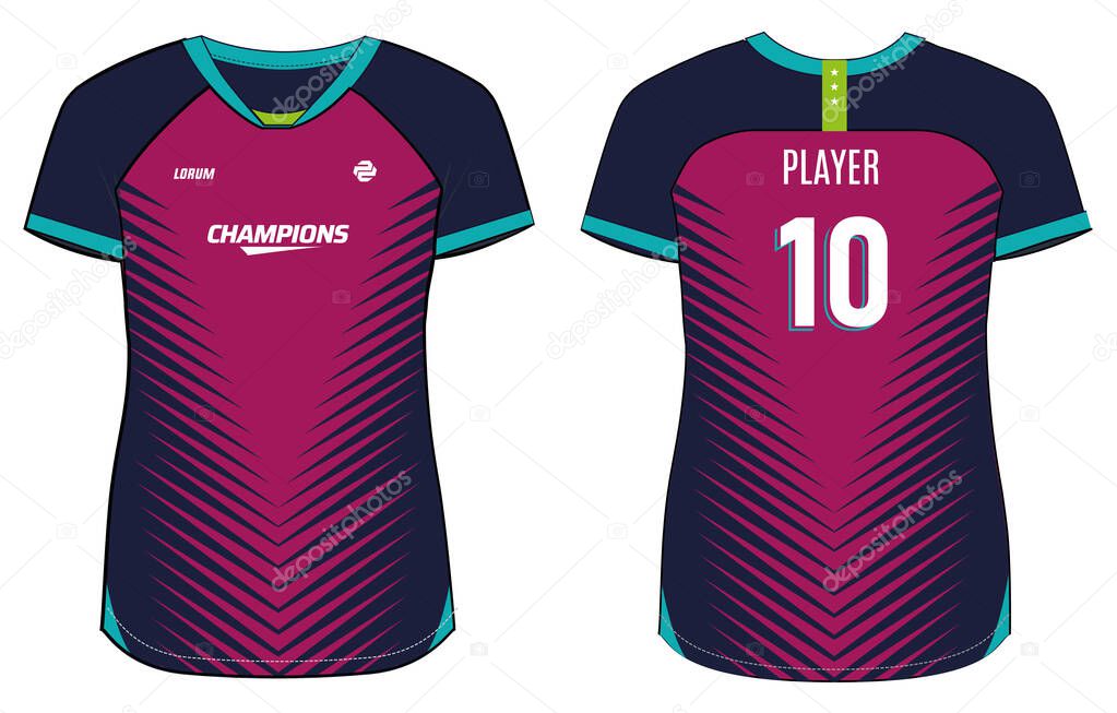 Women Sports Jersey t-shirt design concept Illustration suitable for girls and Ladies for Volleyball jersey, Football, badminton, Soccer, netball and tennis, Sport uniform kit for sports