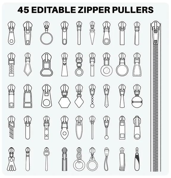 Zipper Puxa Conjunto Ilustração Vetorial Esboço Plano Diferentes Tipos Puxar — Vetor de Stock