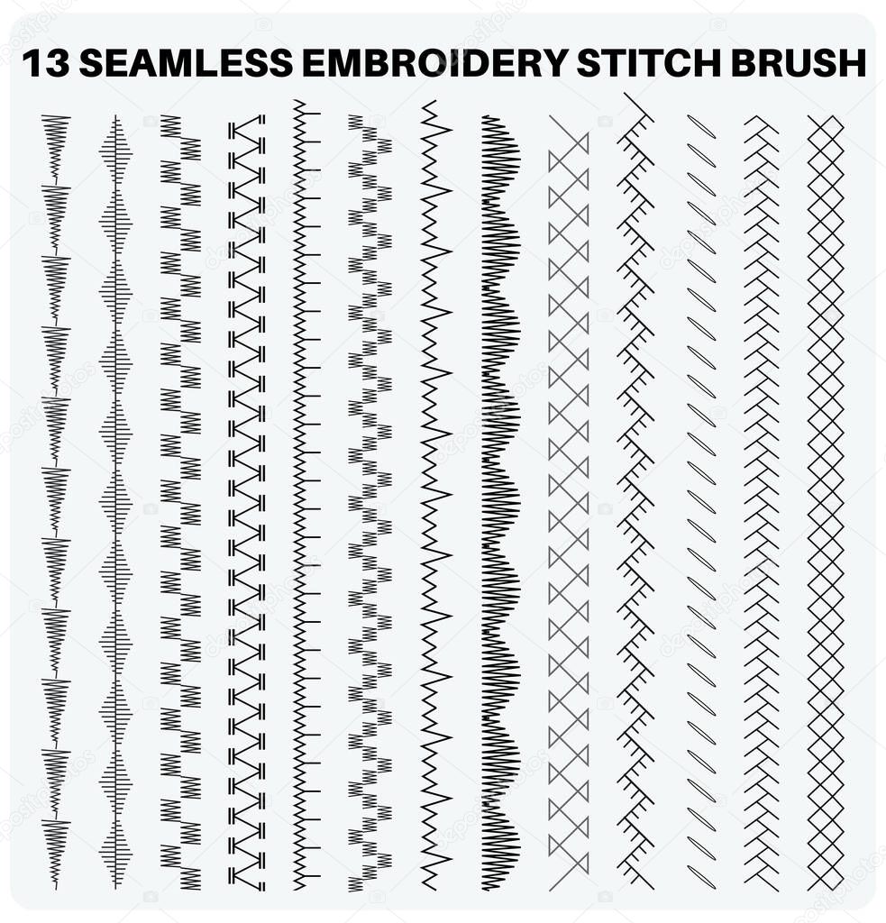 Seamless embroidery sewing stitch brush vector illustrator set, different types of machine stitch brush pattern for fasteners, dresses garments, bags, Fashion illustration, Clothing and Accessories